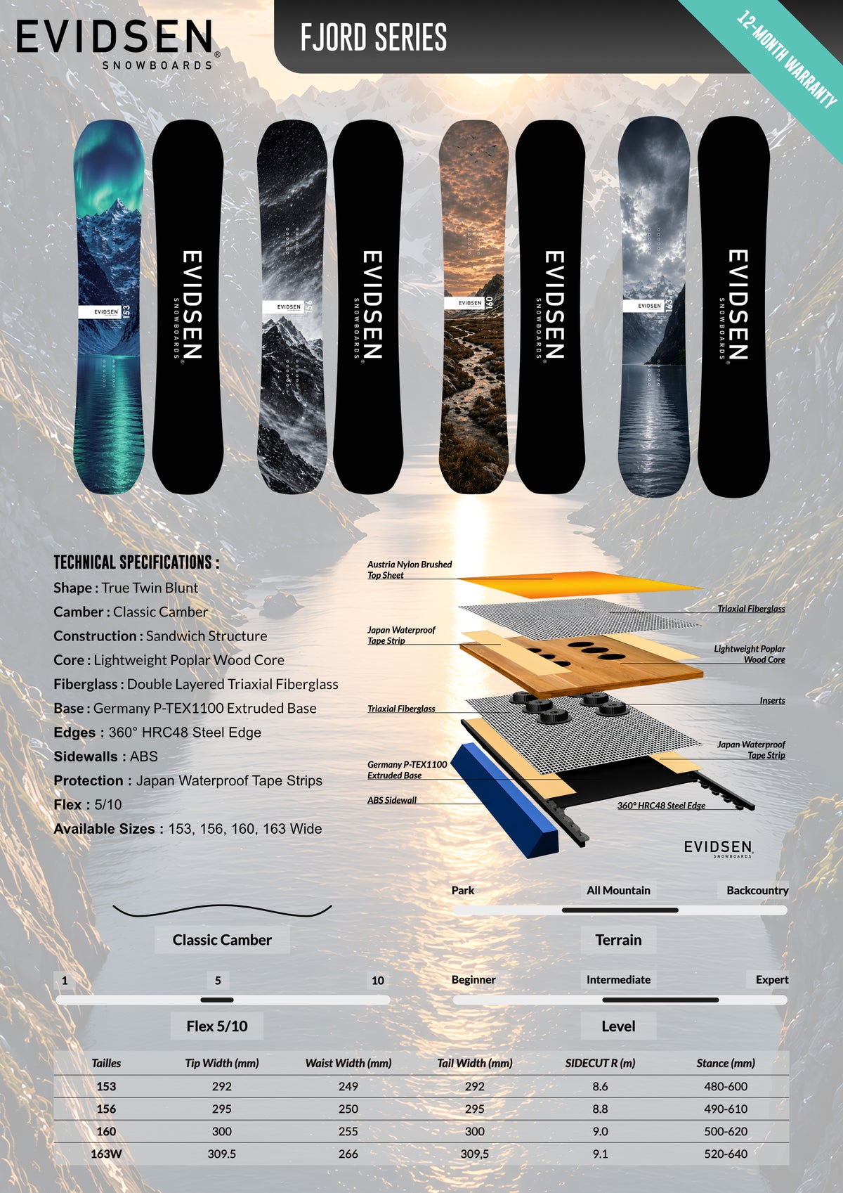 EVIDSEN SNOWBOARDS - FJORD SERIES Snowboard - Fjord - 163 Wide