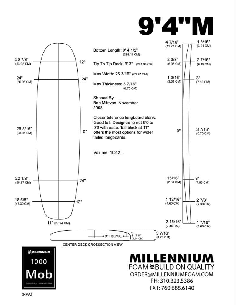 Pain de mousse MILLENNIUM - 9'4 - BLUE 1/4 DARK WOOD NATURAL ROCKER