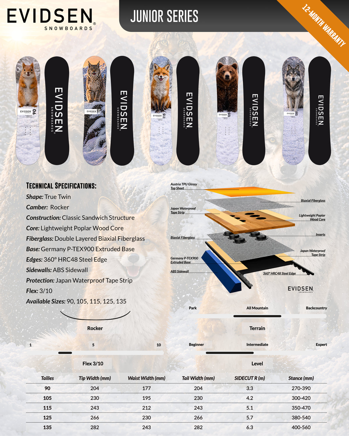 EVIDSEN SNOWBOARDS - Junior Snowboard - Zorro - 115cm