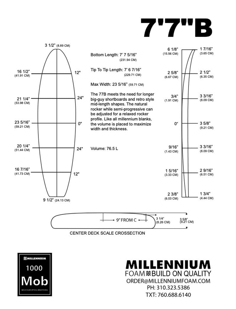 Pain de mousse MILLENNIUM - 7'7 -  BLUE 1/4 CEDAR NATURAL ROCKER