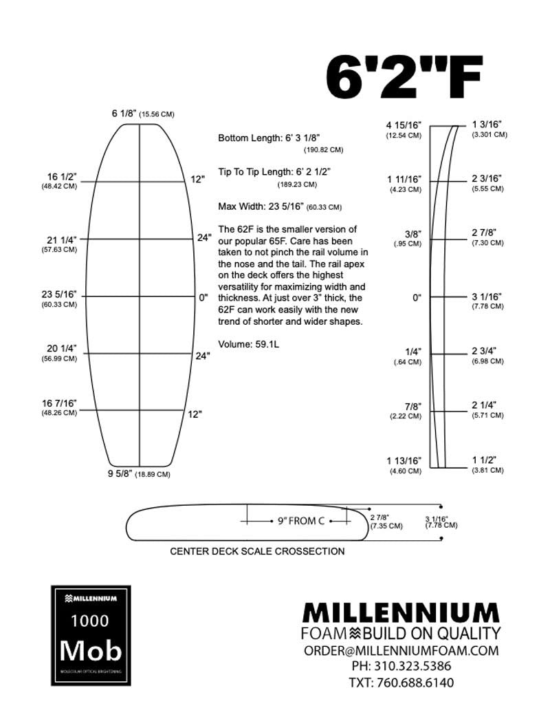 Pain de mousse MILLENNIUM 6'2 F BLUE 1/8 BASS NATURAL ROCKER