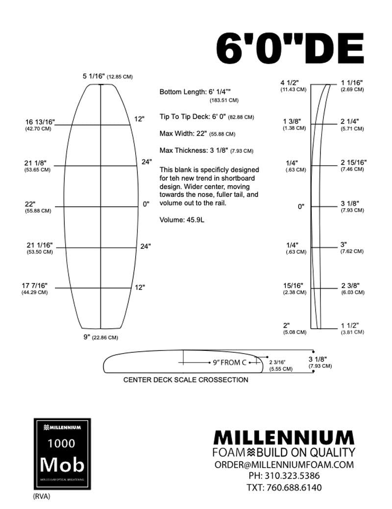 Pain de mousse MILLENNIUM 6'0 DE BLUE 1/8 BASS NATURAL ROCKER